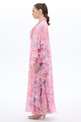 Fırfırlı Kollu Kaftan Elbise – Pembe