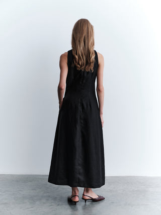 Sleeveless Linen Maxi Dress with Front Seam - Black
