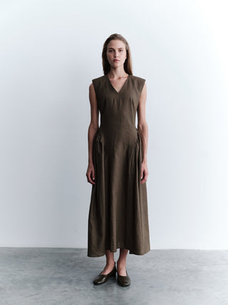 Sleeveless V-Neck Linen Maxi Dress - Brown