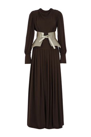Corset-Waist Maxi Evening Dress – Brown