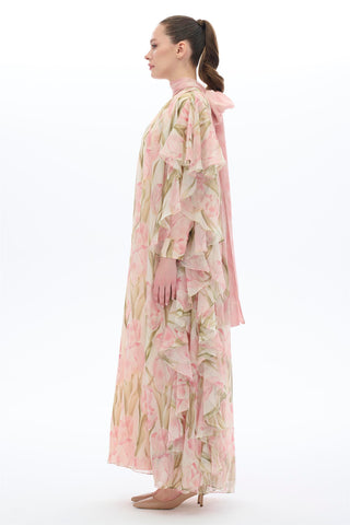 Tulips Patterned Kaftan Dress in Blush