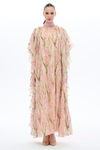 Tulips Patterned Kaftan Dress in Blush