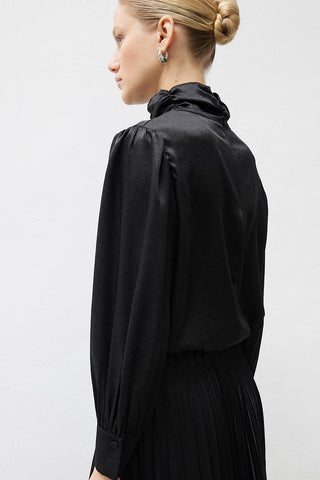 Luna High-Neck Satin Blouse – Black