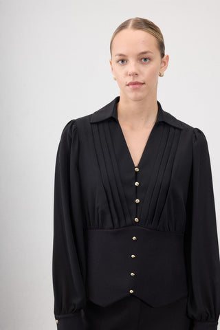 Pleated Button-Detail Blouse – Black