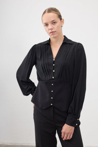 Pleated Button-Detail Blouse – Black