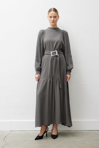 Maria Flowing Belted Dress – Grey