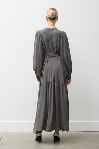Maria Flowing Belted Dress – Grey