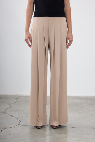 Maya Pleated Wide-Leg Trousers – Beige