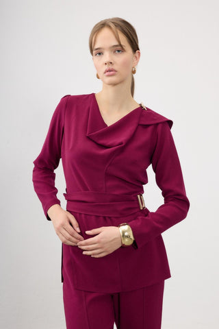 Meral Co-Ord Set with Drape Blouse – Bordeaux