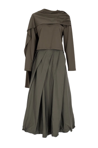 Draped Shoulder Top & Pleated Skirt Set – Dark Mink