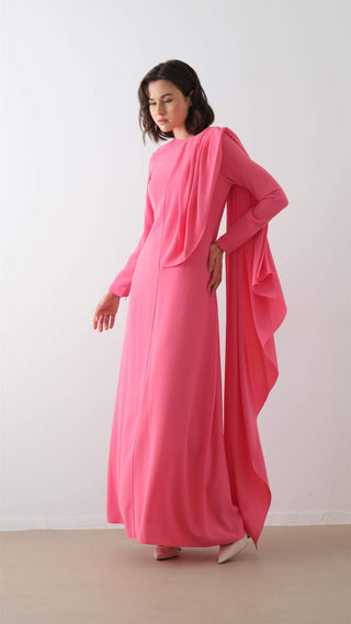Cape-Shoulder Crepe Maxi Dress – Fuchsia