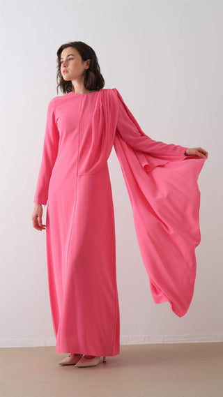 Cape-Shoulder Crepe Maxi Dress – Fuchsia