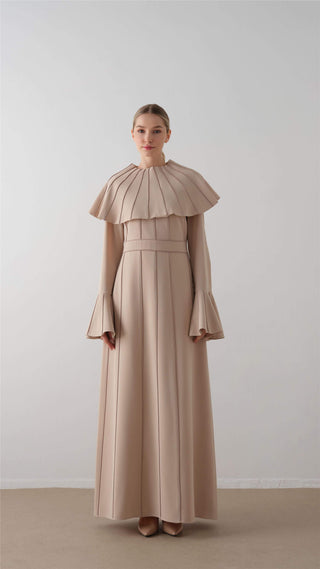 Pleated Cape Crepe Dress – Beige