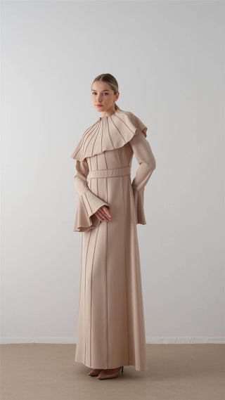 Pleated Cape Crepe Dress – Beige