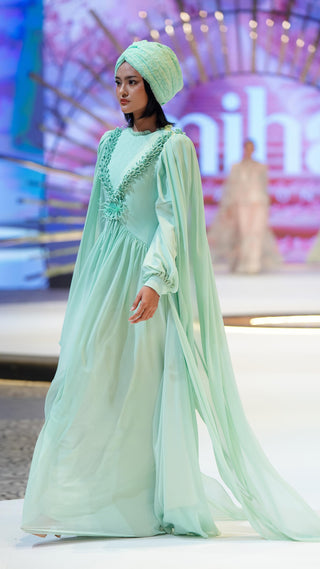 Mint Cape Dress with Floral Appliqué
