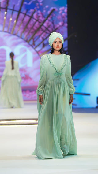Mint Cape Dress with Floral Appliqué