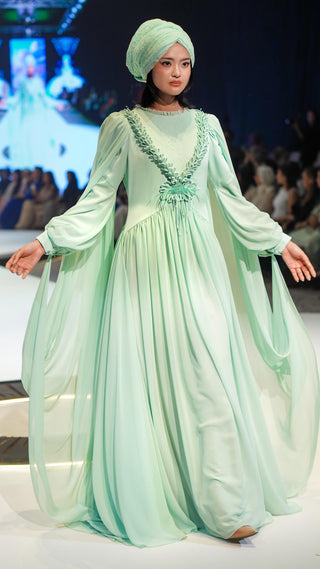 Mint Cape Dress with Floral Appliqué