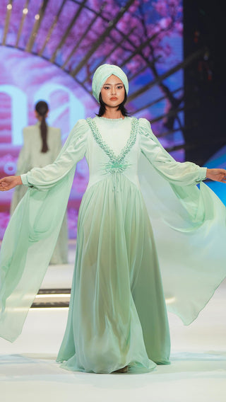 Mint Cape Dress with Floral Appliqué
