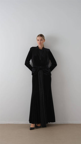 Front-Draped Velvet Dress – Black