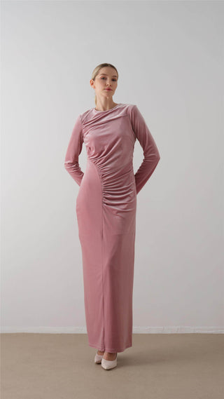 Ruched Velvet Maxi Dress – Blush Pink
