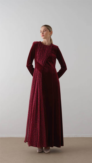 Cross-Draped Velvet Chiffon Dress – Bordeaux