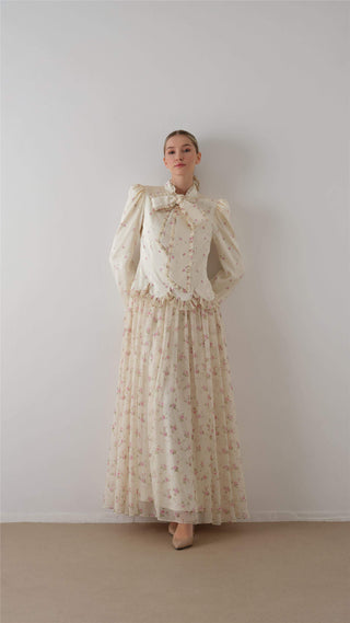 Bow-Neck Floral Dress – Cream