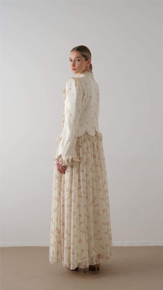 Bow-Neck Floral Dress – Cream