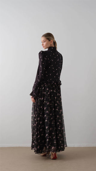 Bow-Neck Floral Dress – Black