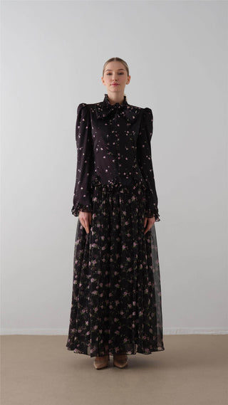 Bow-Neck Floral Dress – Black