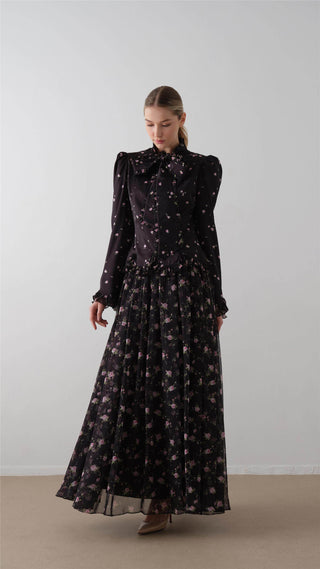 Bow-Neck Floral Dress – Black