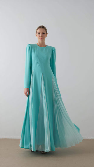 Pleated Crepe Chiffon Dress – Light Blue