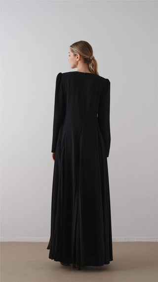 Pleated Crepe Chiffon Dress – Black