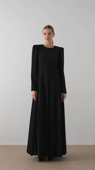 Pleated Crepe Chiffon Dress – Black