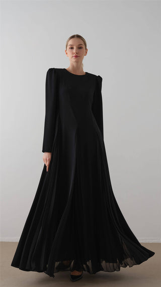 Pleated Crepe Chiffon Dress – Black