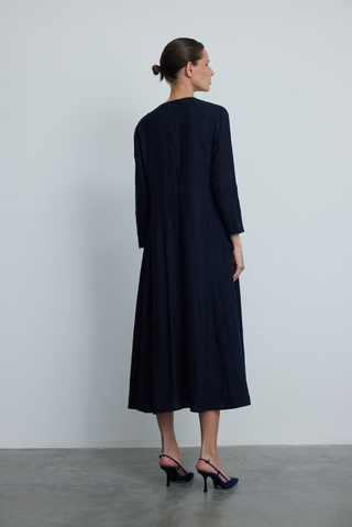 Relaxed Fit Linen Midi Dress Navy Blue