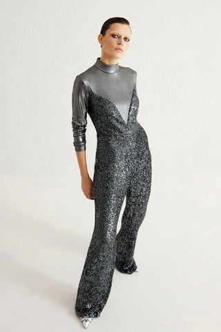 Long-Sleeve Sequin Jumpsuit with Knit Trim – Anthracite