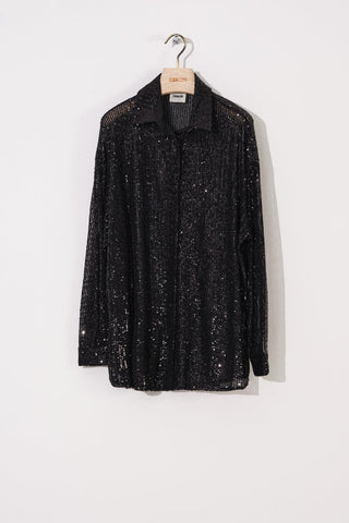 Relaxed-Fit Sequin Shirt with Cuffed Sleeves – Black