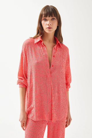 Relaxed-Fit Sequin Shirt with Cuffed Sleeves – Fuchsia