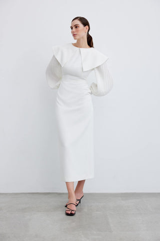 Pleated Sleeve Evening Dress – White