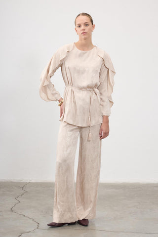Rhea Jacquard Wide-Leg Trousers – Beige