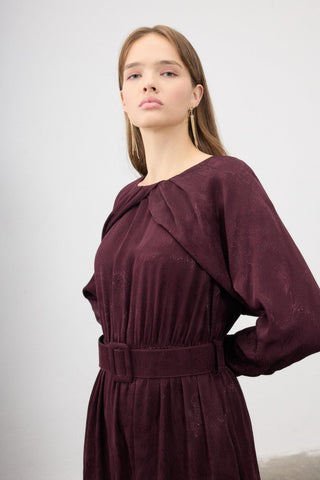 Rhea Jacquard Belted Maxi Dress – Bordeaux