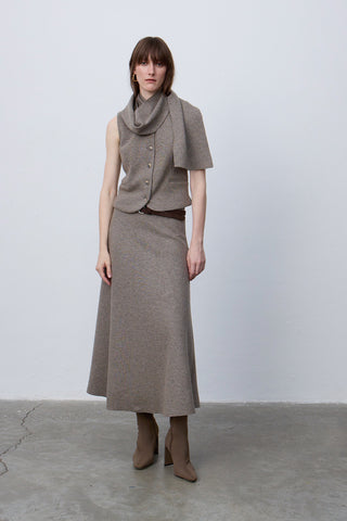 Shawl Collar Knit Vest and Skirt Coffee with Milk