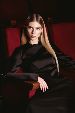 Satin Asymmetric Panel Evening Gown – Black