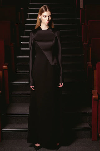 Satin Asymmetric Panel Evening Gown – Black