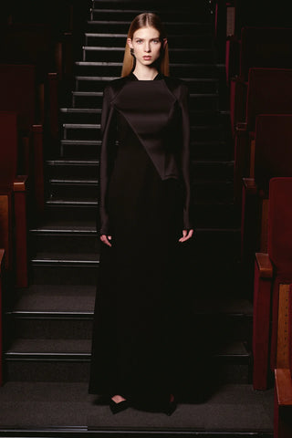 Satin Asymmetric Panel Evening Gown – Black