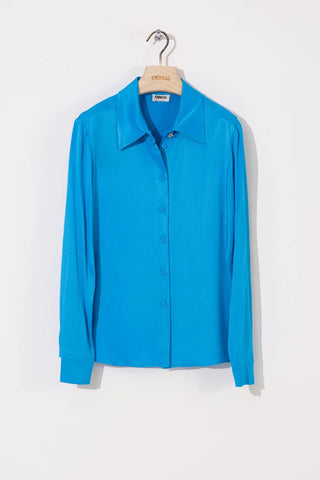 Satin Shirt with Crystal Collar Button – Blue