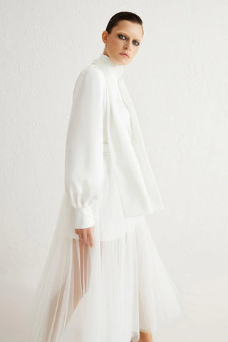 Satin High-Neck Tie-Detail Tunic – Ecru