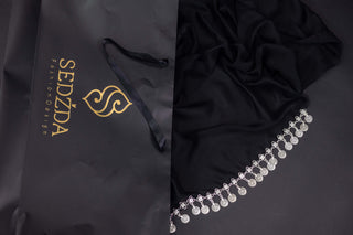 Ethno Coin-Embellished Chiffon Shawl – Black