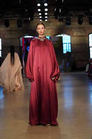 Crystal Bloom Balcanian Embellished Silk Gown – Red