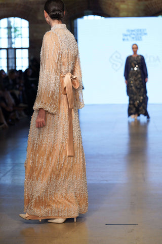 Golden Mirage Balcanian Pearl-Embellished Satin Gown – Gold Beige